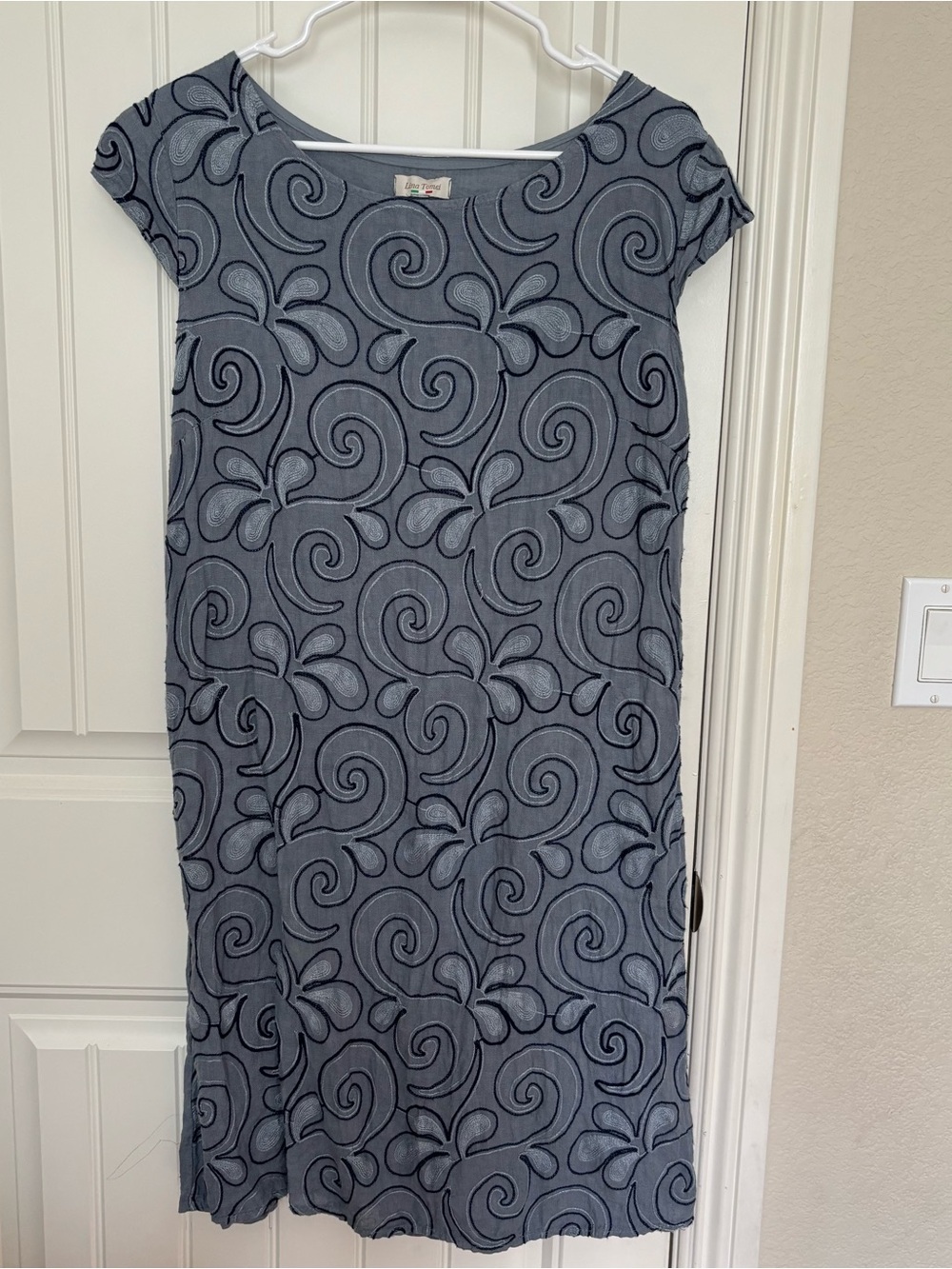Lina tomei Swirl Embroidered Shift Dress 100% linen